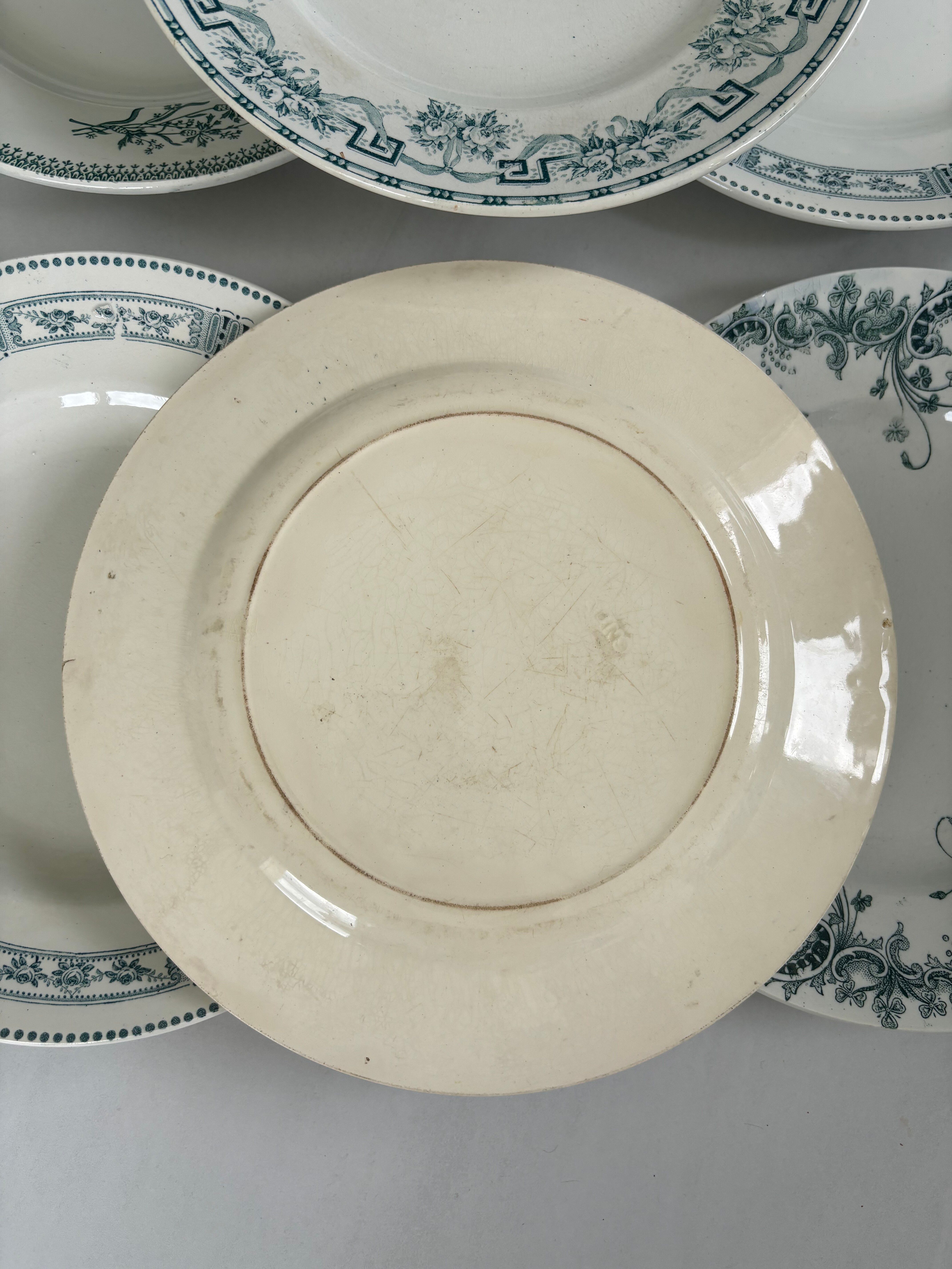 Lot of 6 blue-green ironstone plates, antique French earthenware.