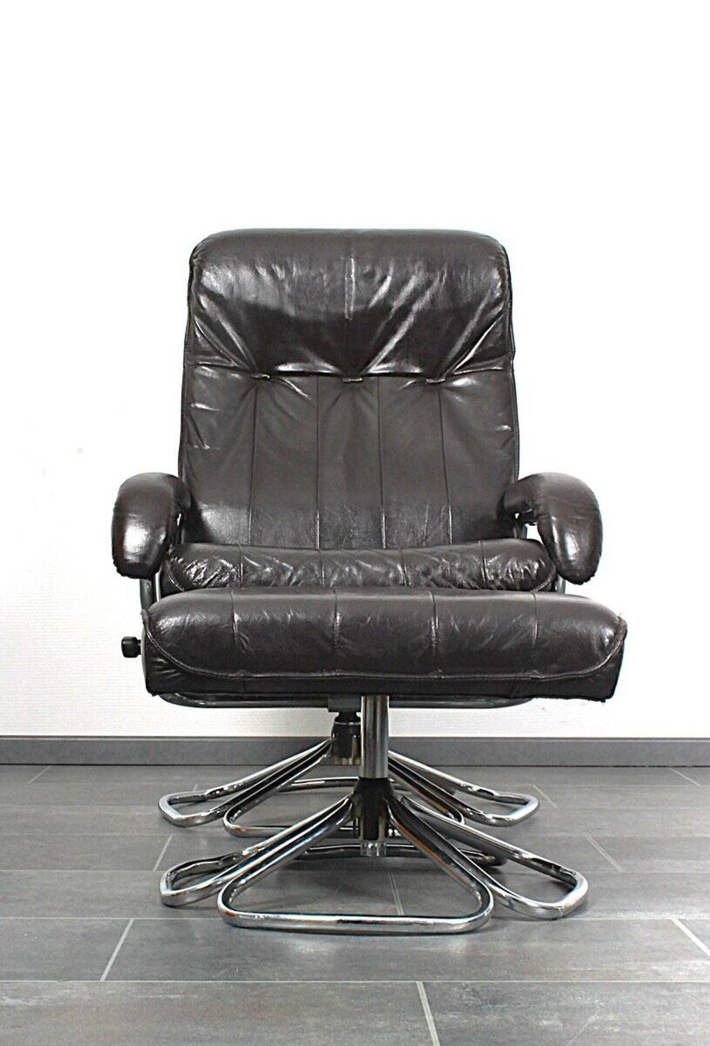 Unico 1970s Dark Brown Leather Lounge Chair and Ottoman Set of 2
