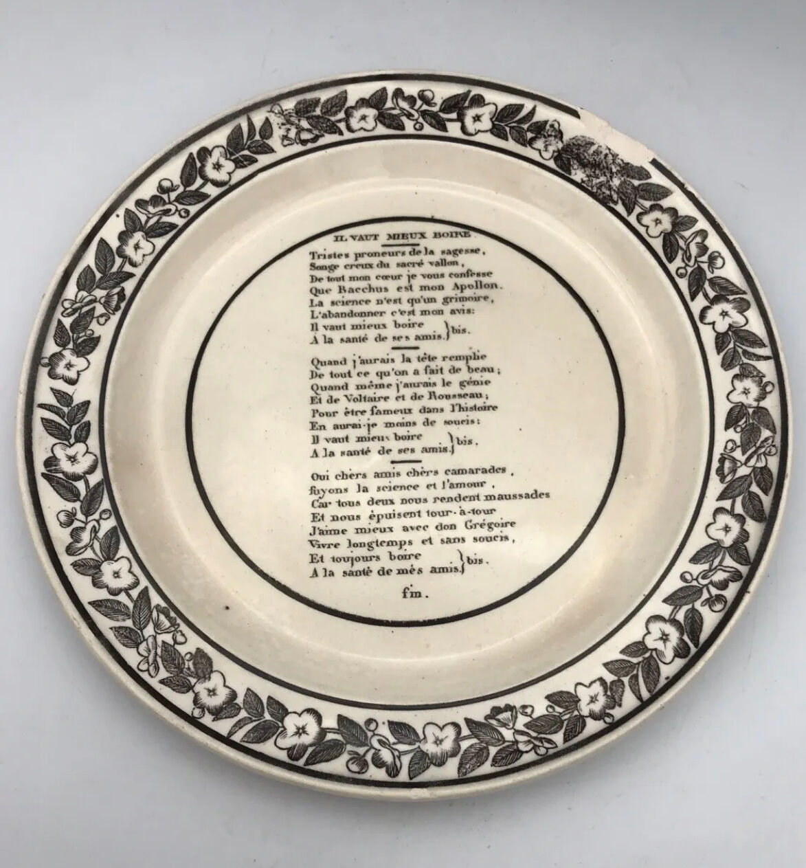 Set of 6 antique plates in fine earthenware with printed decoration of grisailles and poems