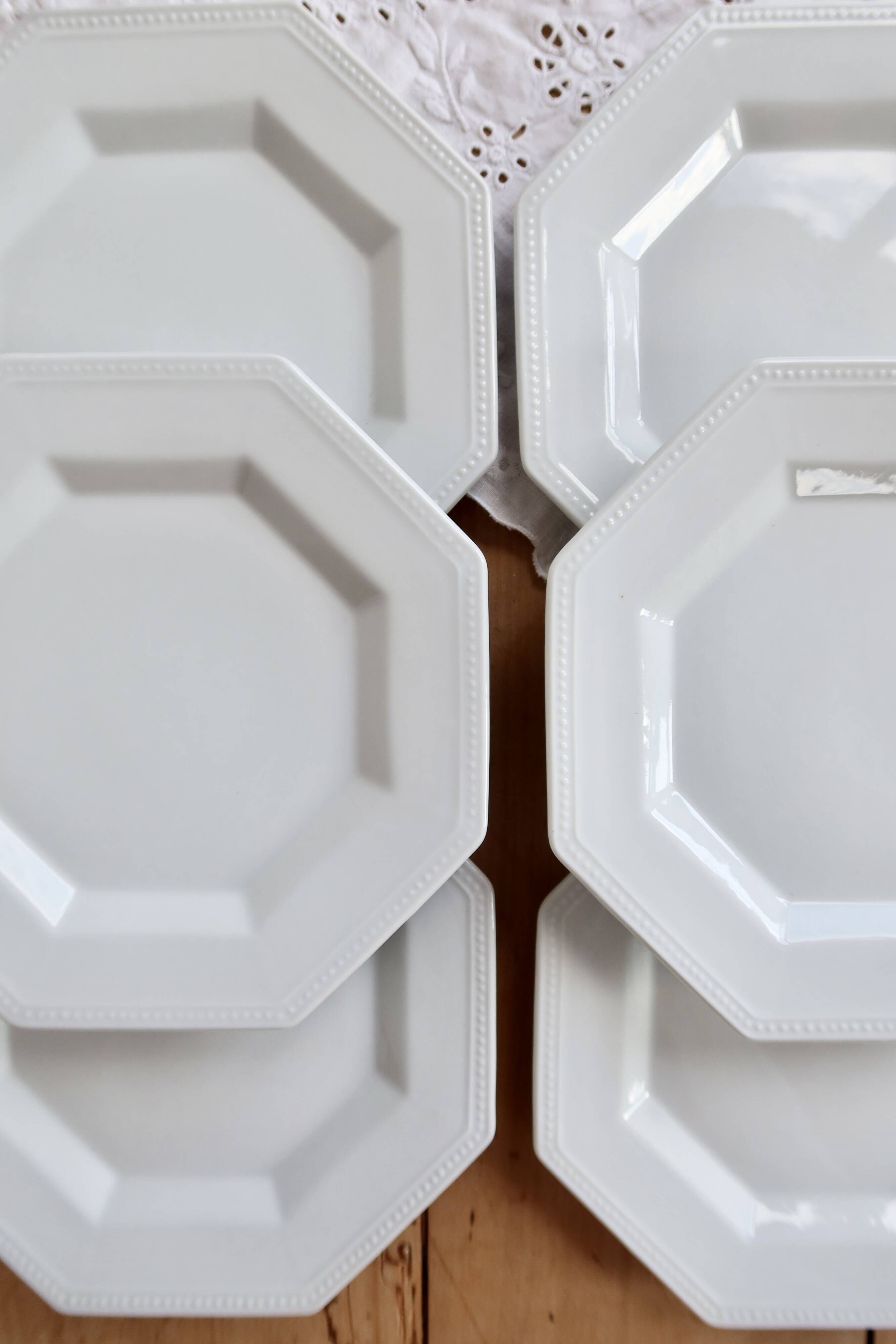 6 vintage octagonal pearl-edged porcelain dessert plates