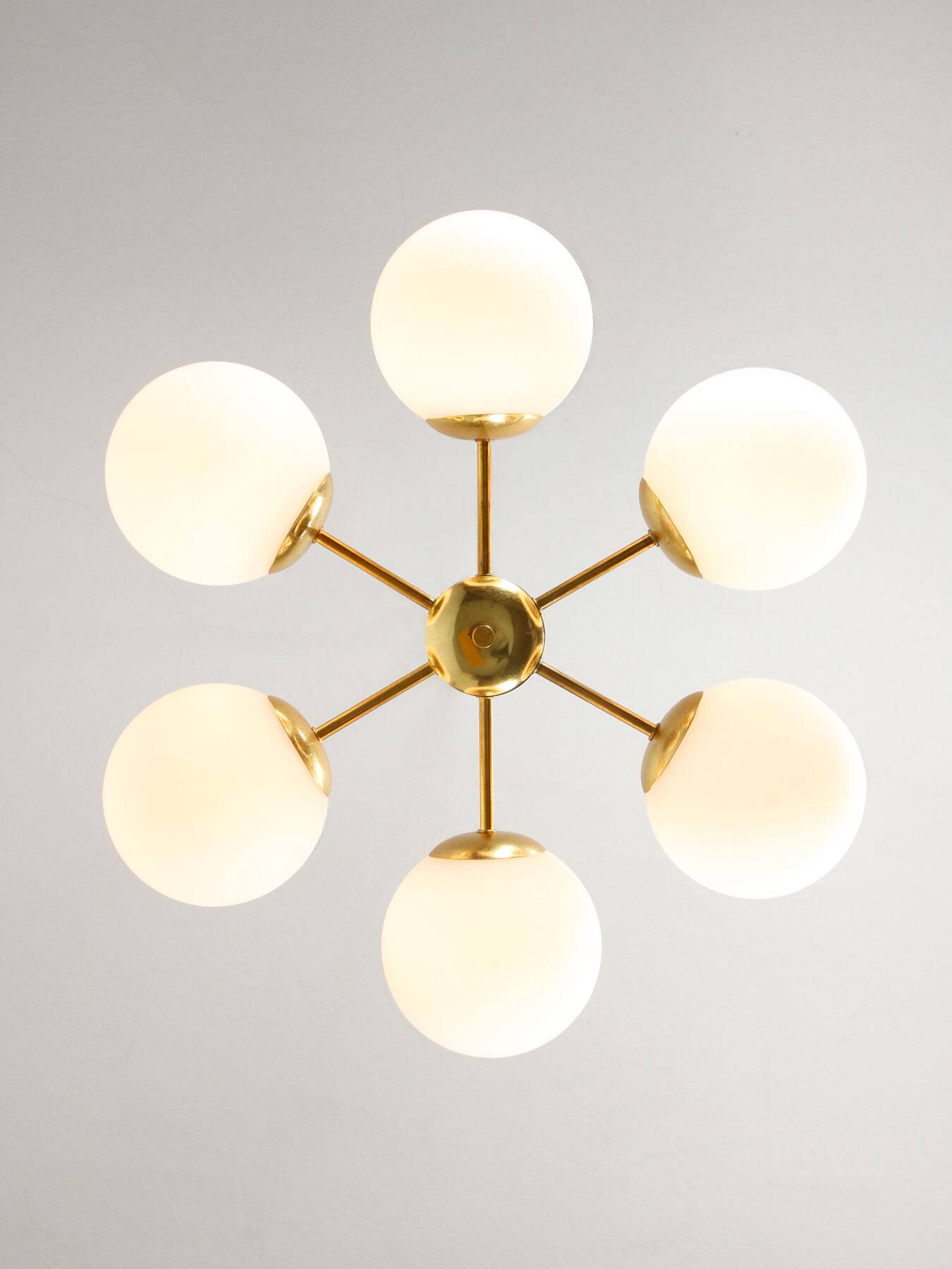 Mid-Century Modern Italian 6-Arm Sputnik Chandelier with Opaline Shades, 19