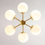 Mid-Century Modern Italian 6-Arm Sputnik Chandelier with Opaline Shades, 19