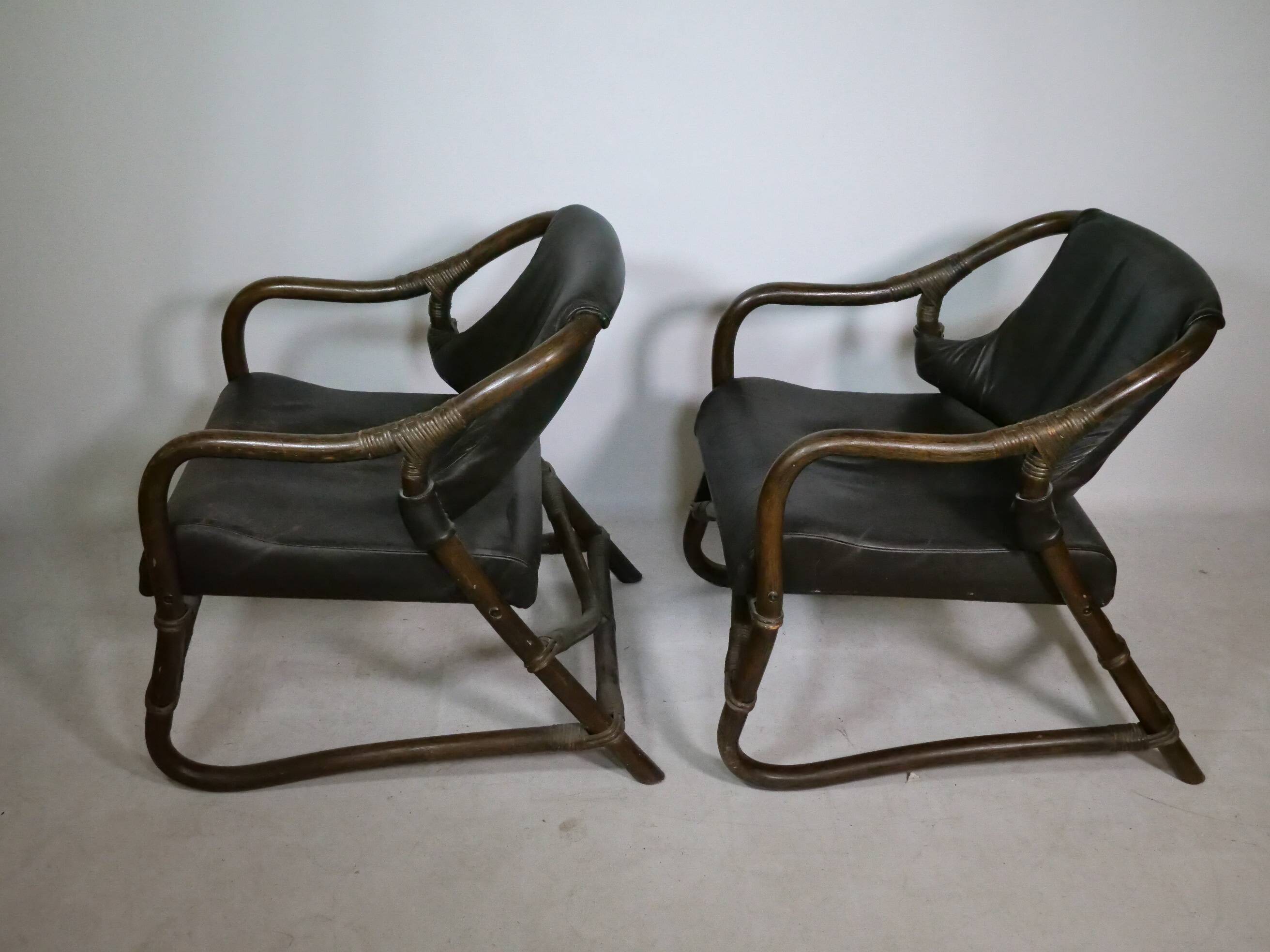 Fauteuils en bambou et cuir attribués à Horsnæs, lot de 2, années 1960