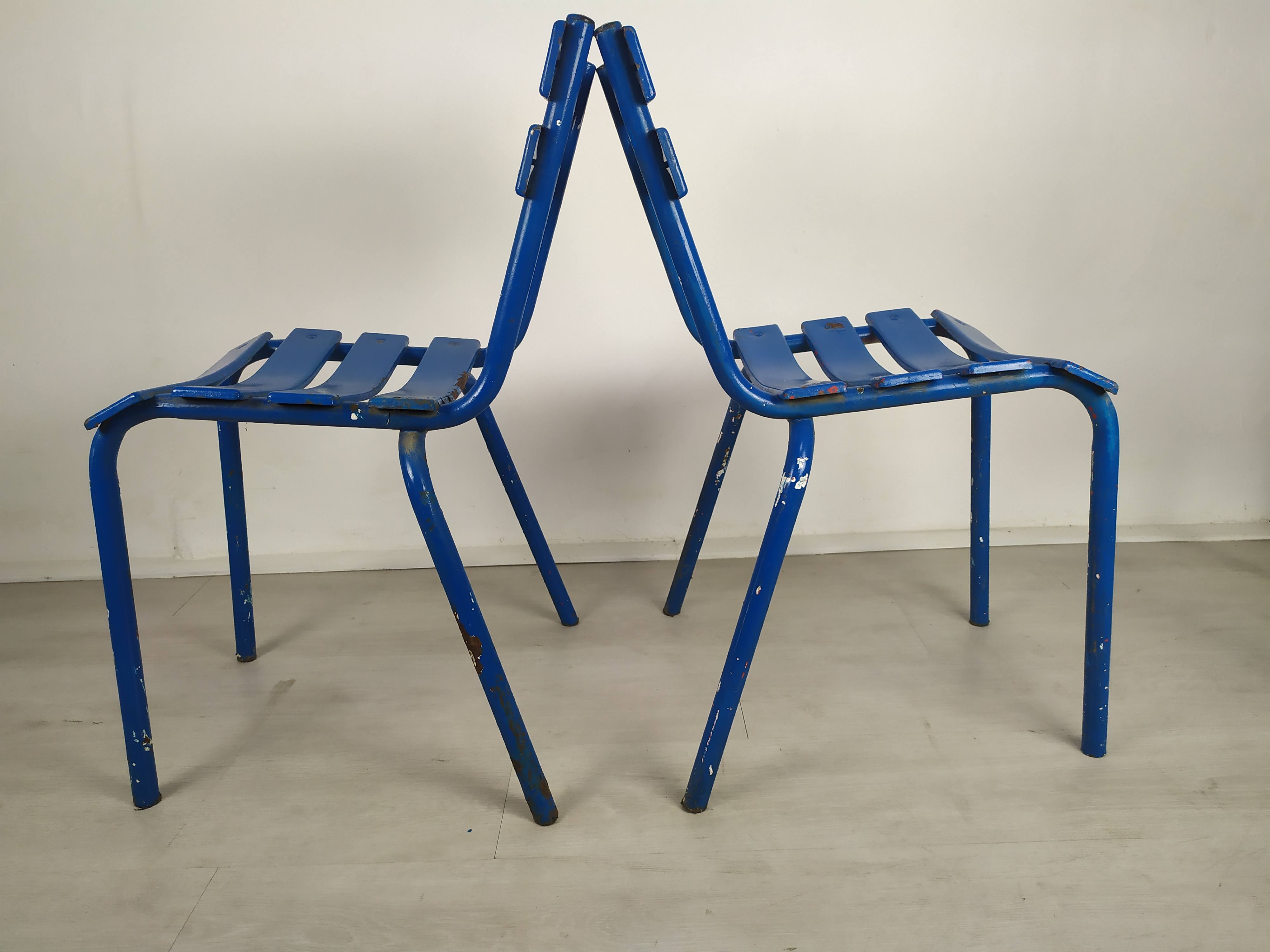 14 blue metal bistro chairs