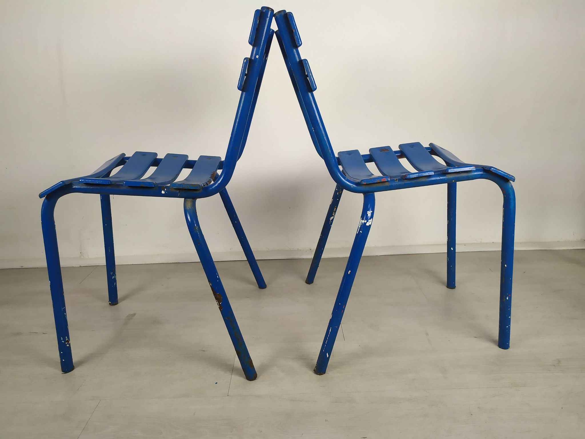 14 blue metal bistro chairs