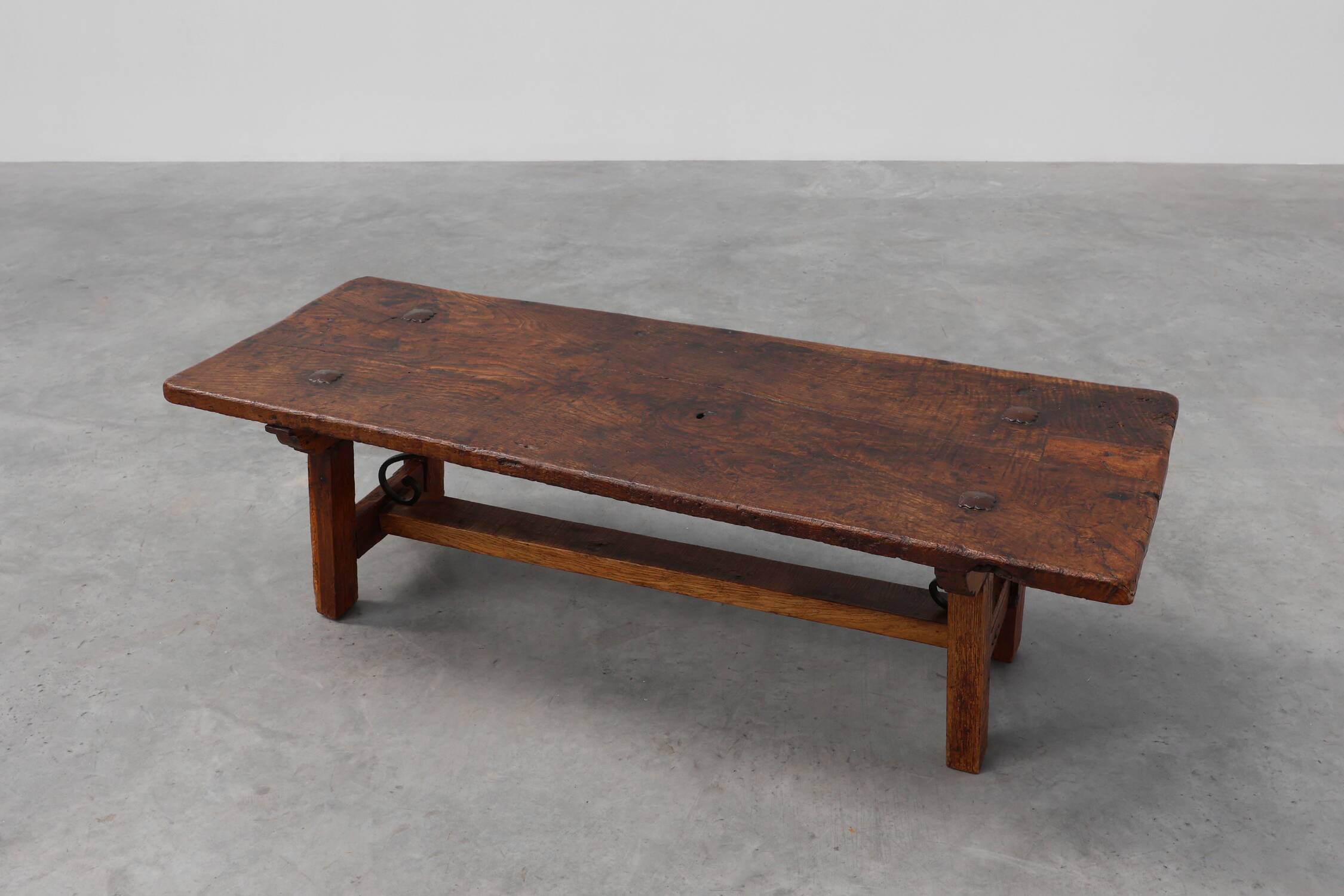 17th Century Spanish Brutalist coffee table in wood and wrought iron