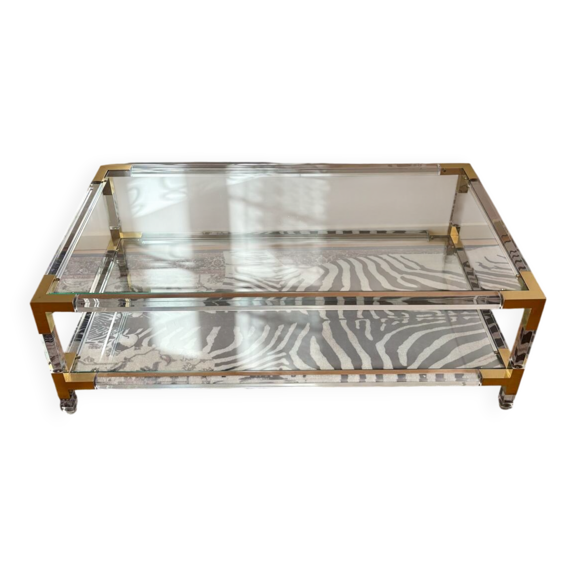 Italian coffee table Fabian, glass, plexiglass and brass, 1970-80.