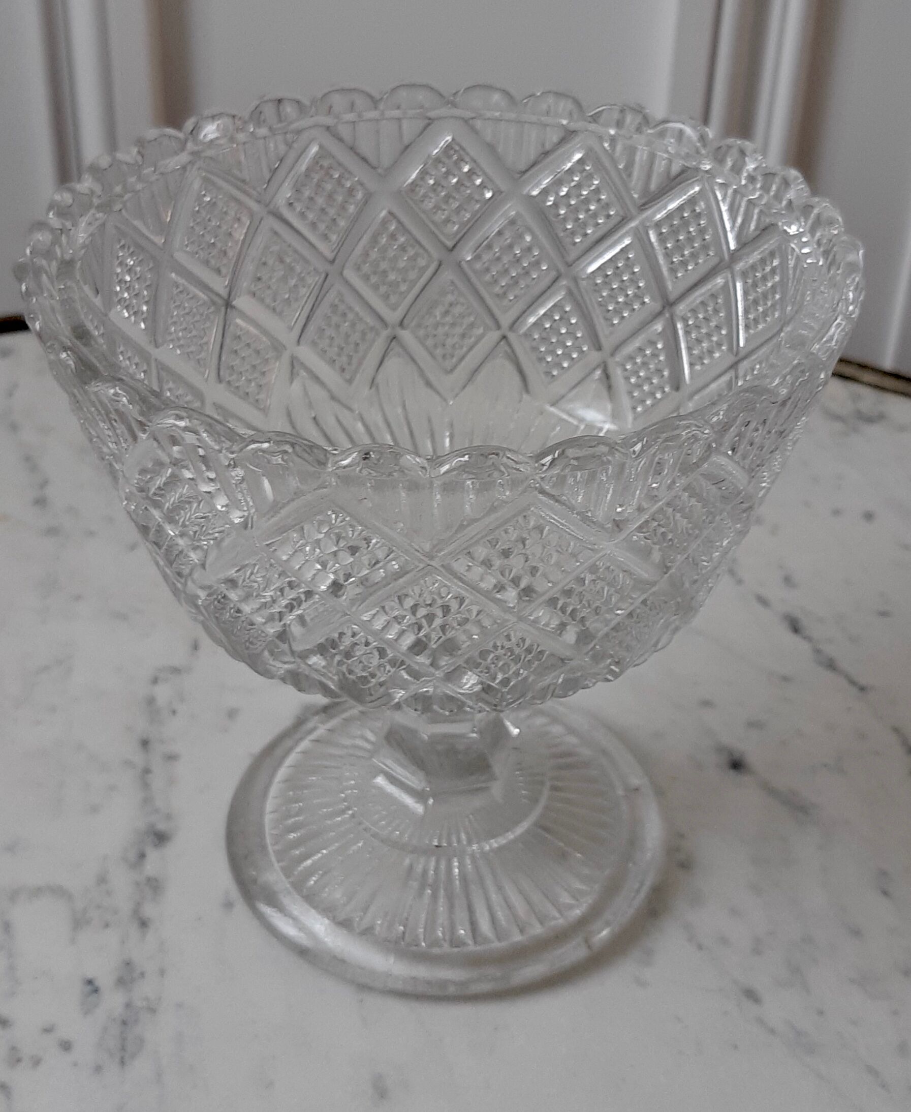 Old cut in pressed molded glass of the Verrerie de Scailmont signed