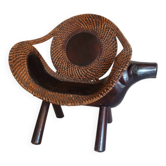 Children's armchair in carved wood and rattan