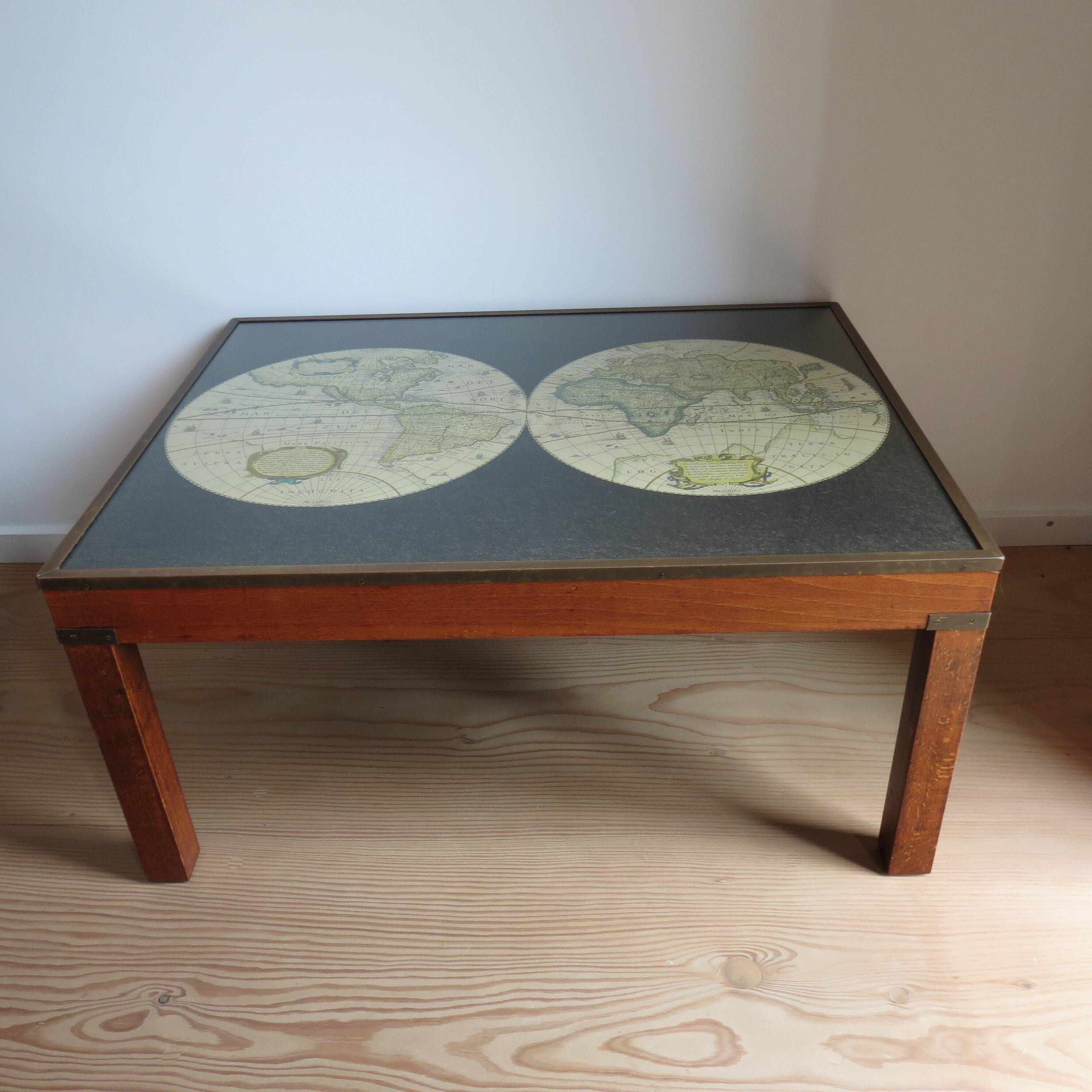 1970s Maison Jansen Campaign Style Coffee Table World Atlas Map