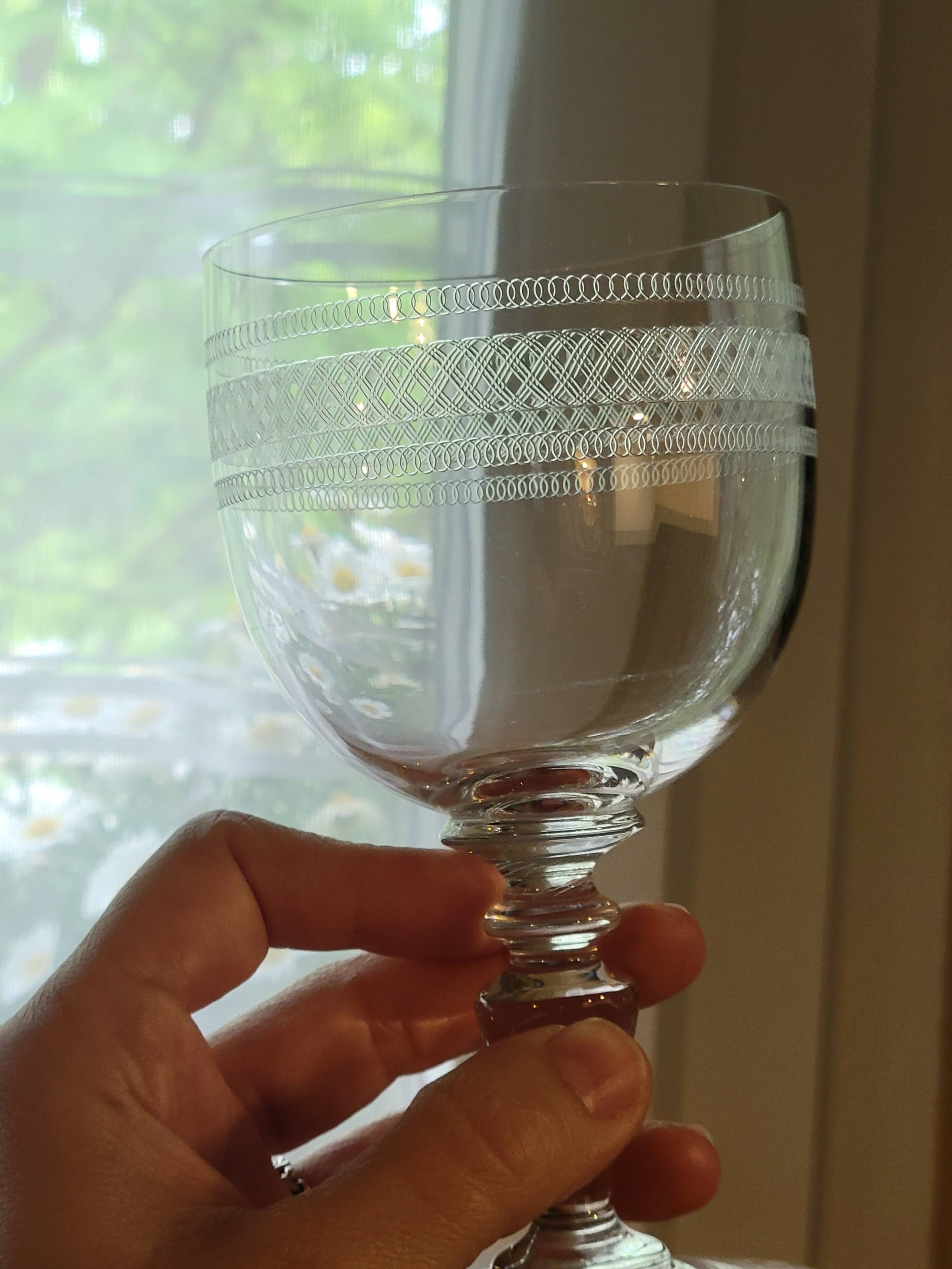 2 Baccarat crystal water glasses, balloon shape model engraving 1423