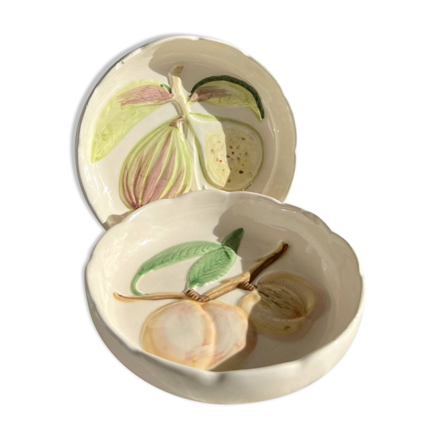 Pair of vintage hollow dessert plates in hand-painted slip, peach and fig fruit pattern