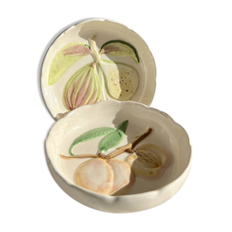 Pair of vintage hollow dessert plates in hand-painted slip, peach and fig fruit pattern