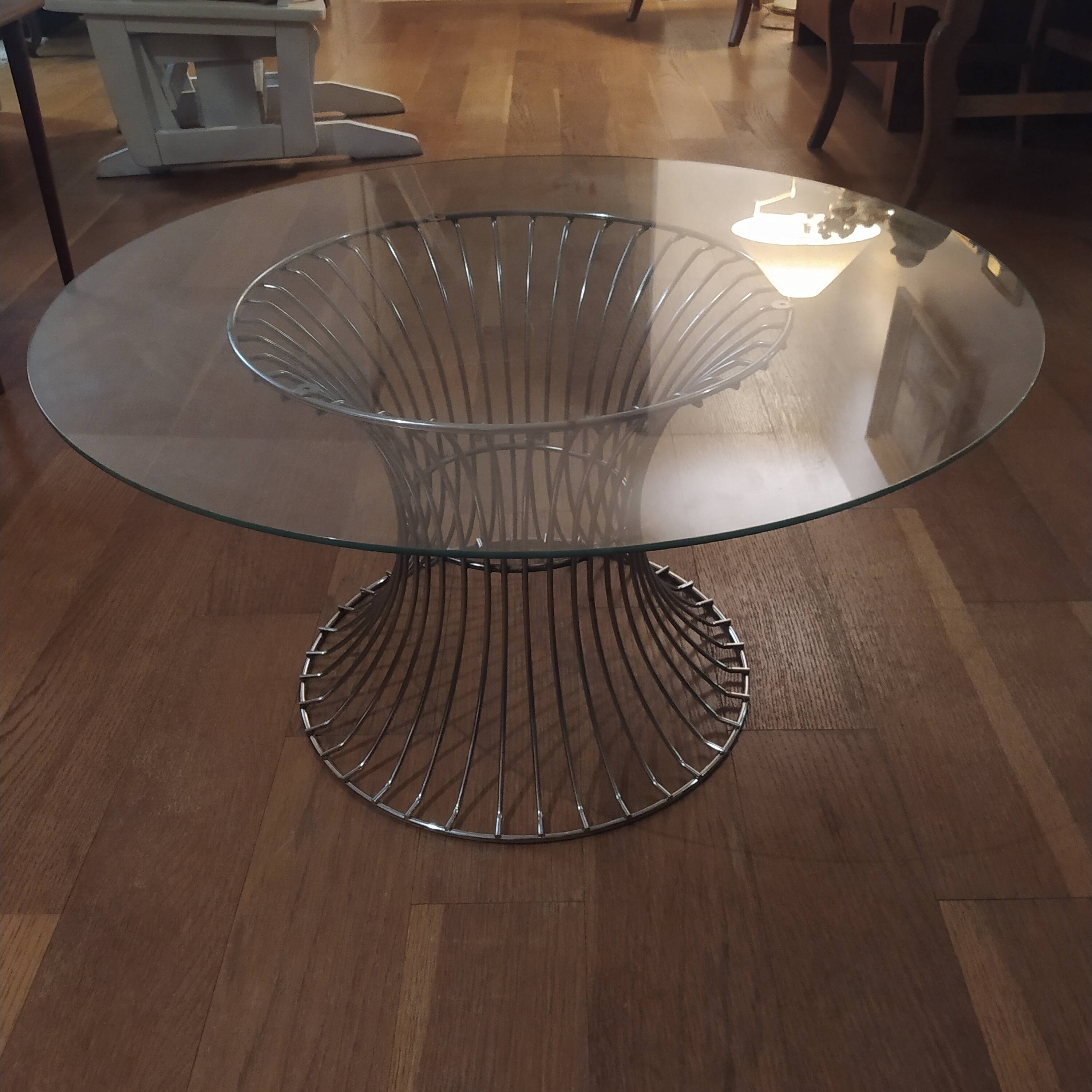 vintage 70s round designer coffee table with wire base