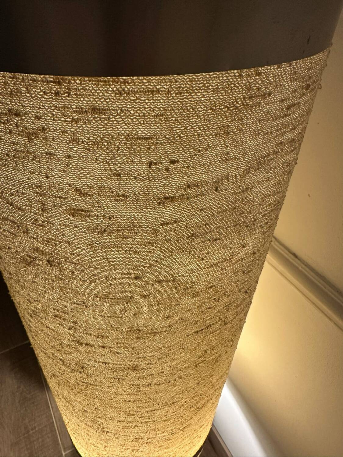 70's ceramic floor lamp with boucle fabric shade.