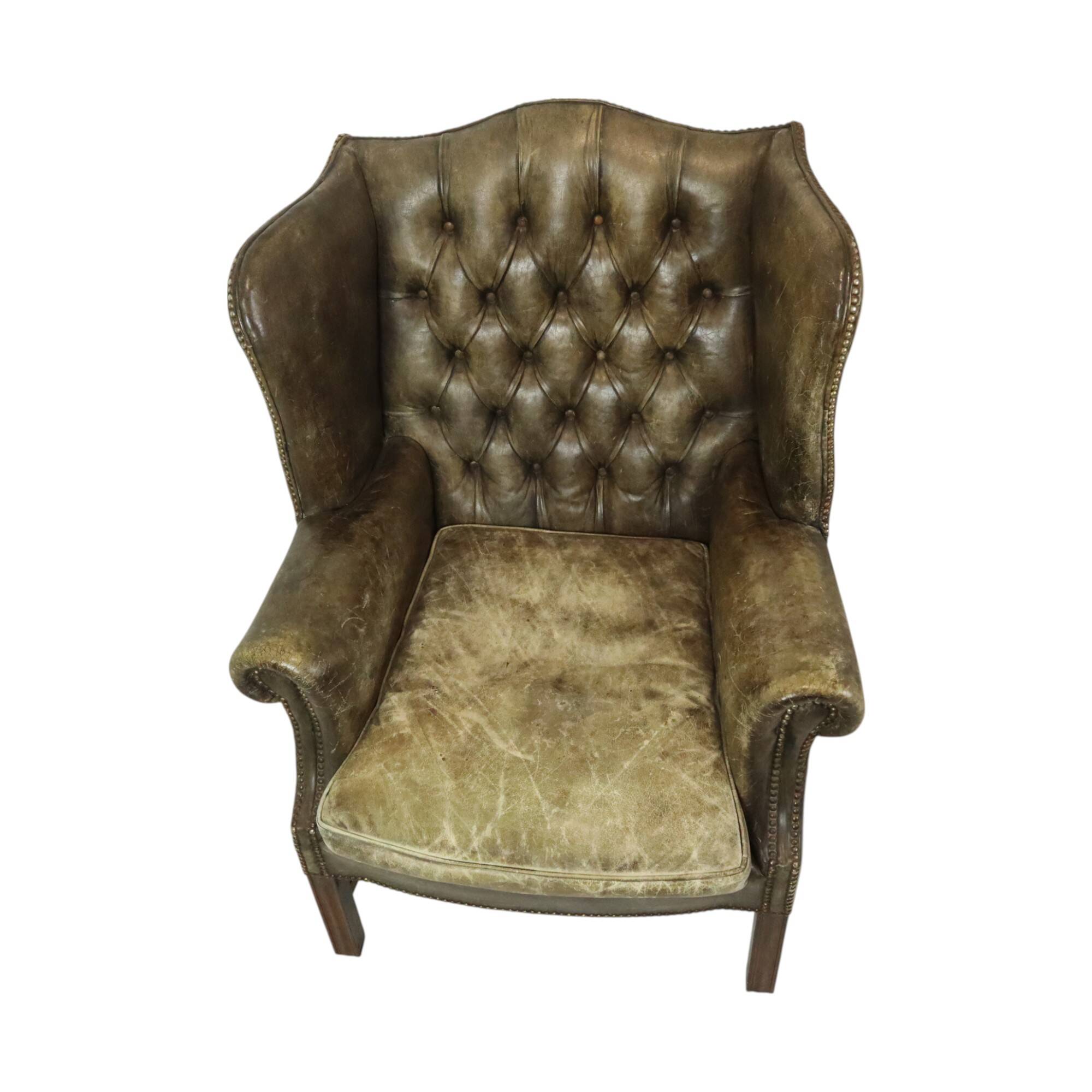 Old Green Chesterfield Armchair Wingchair