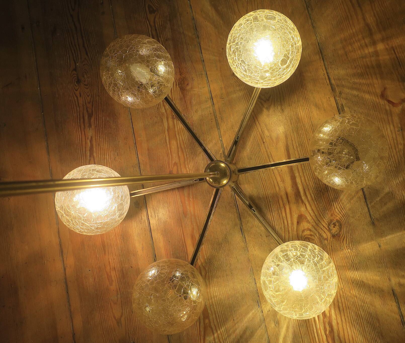 Angelo Brotto intricate gold-plated brass chandelier with 6 globes, 1960s