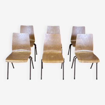 Set of 6 straight wooden designer chairs with brown steel base from the 70s Netherlands