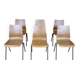 Set of 6 straight wooden designer chairs with brown steel base from the 70s Netherlands