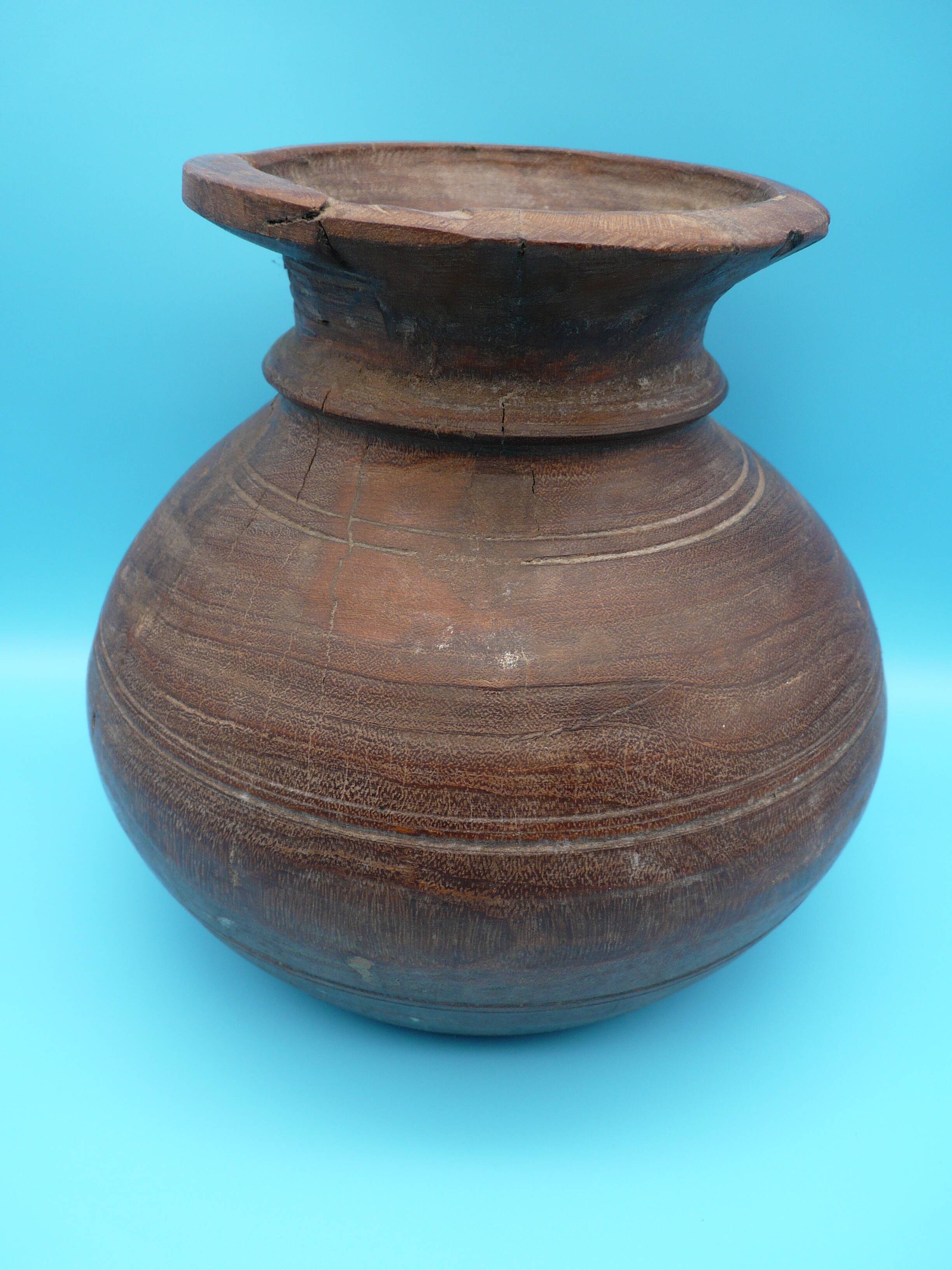 Large carved wooden pot / India