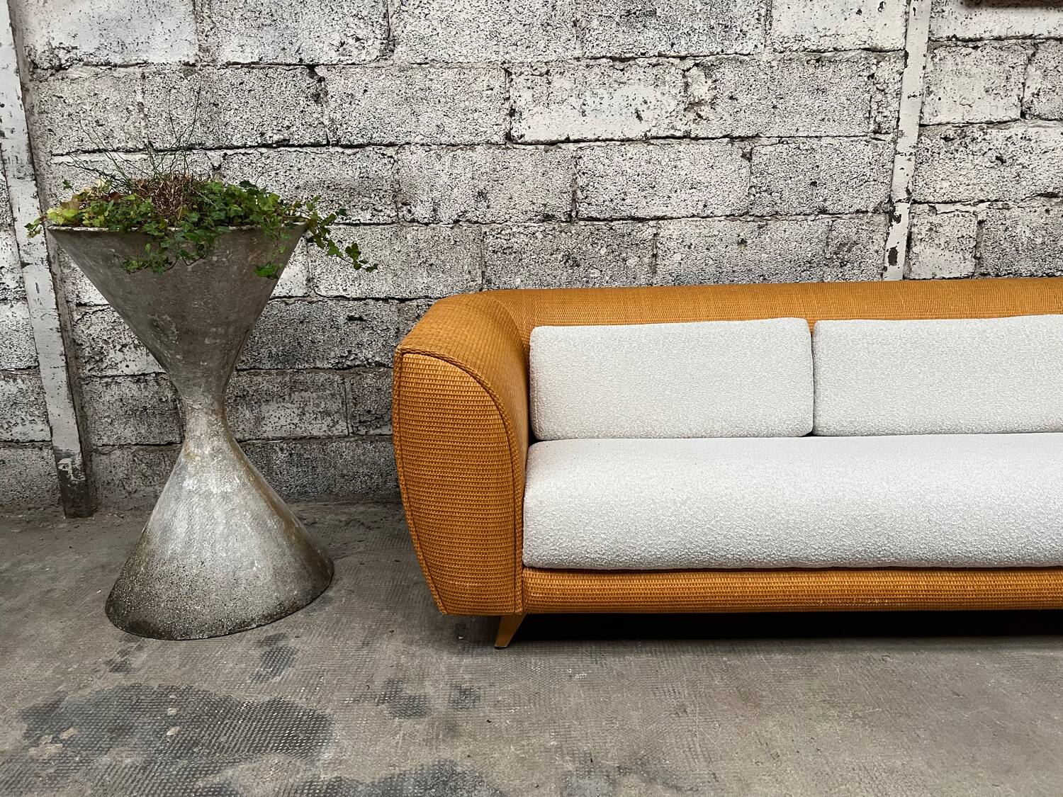 Vintage rattan sofa design 1970 ecru French terry fabric