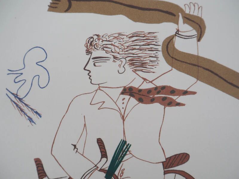 Alekos FASSIANOS: Elegant man on a bicycle, signed lithograph.