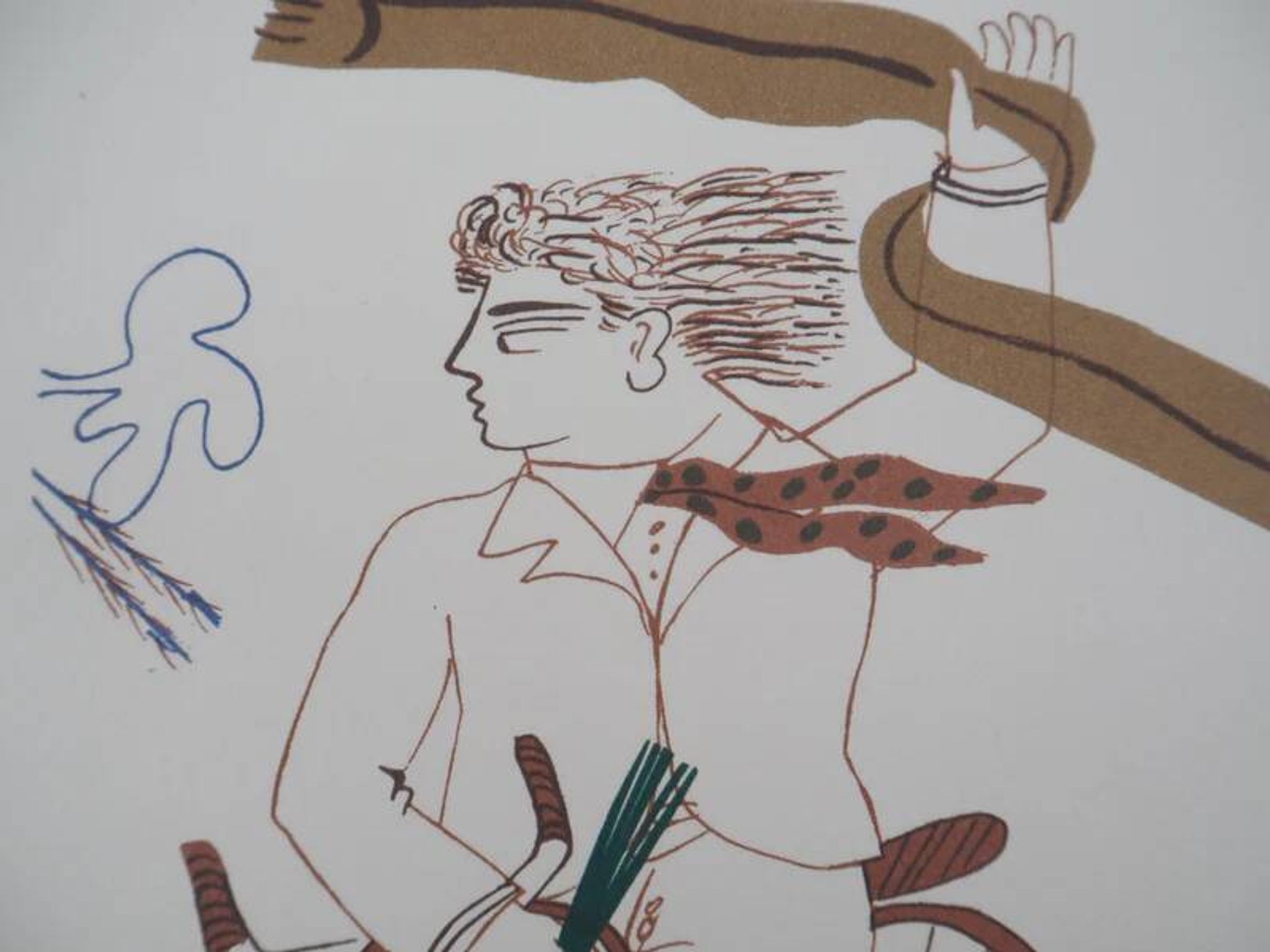Alekos FASSIANOS: Elegant man on a bicycle, signed lithograph.