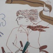 Alekos FASSIANOS: Elegant man on a bicycle, signed lithograph.