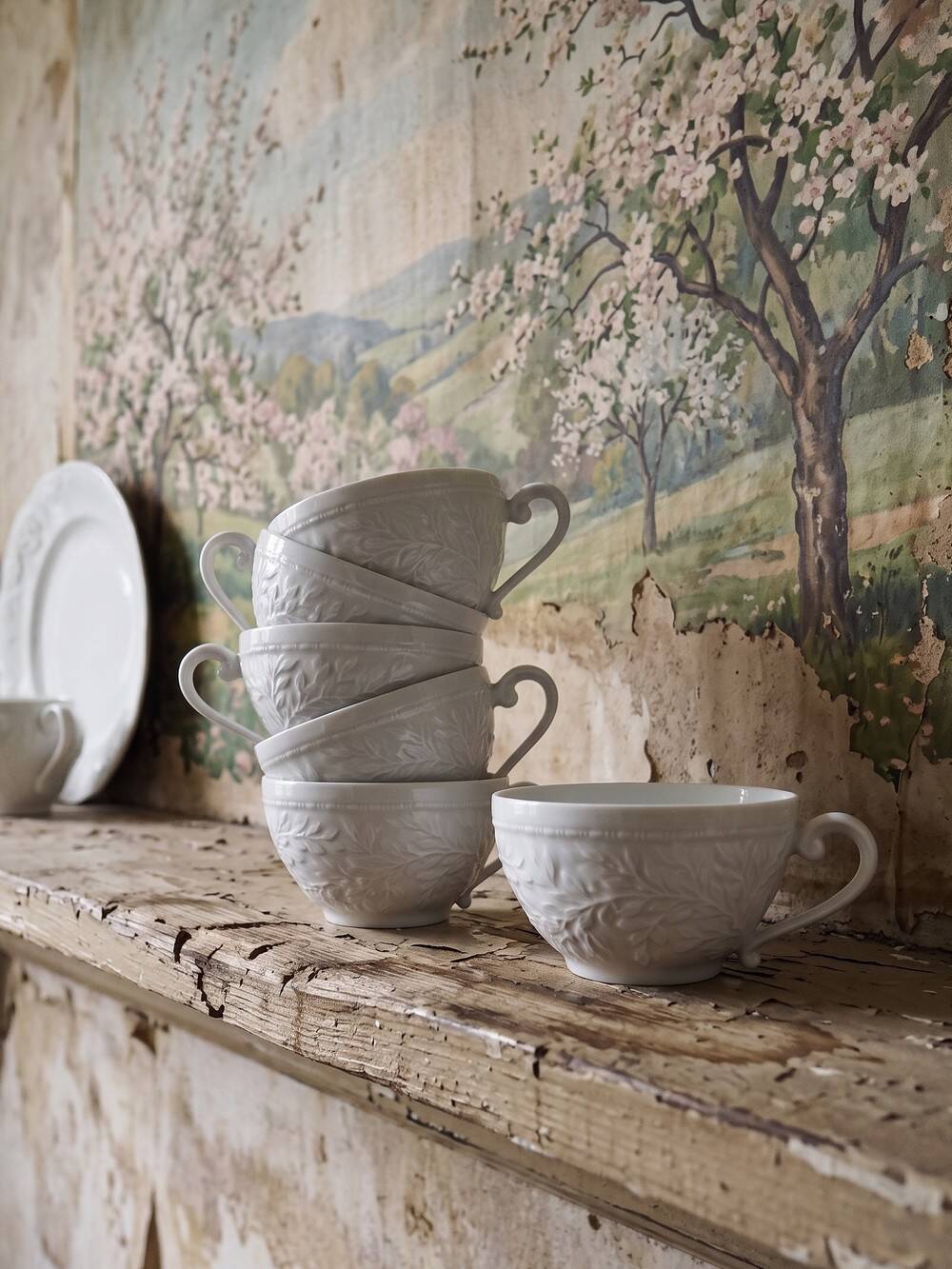 Set of 6 Bernardaud Limoges Louvre model white porcelain cups.