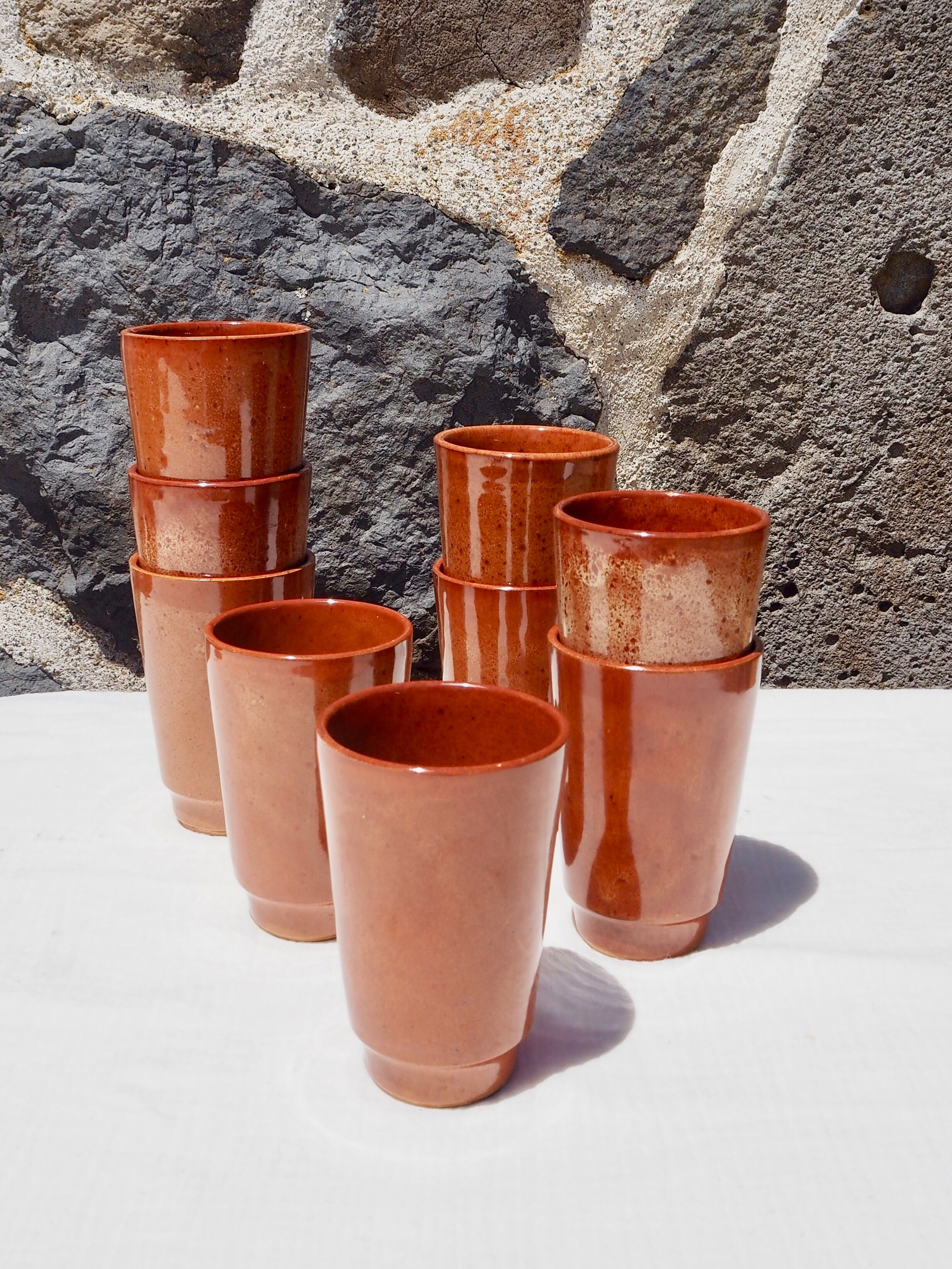 Set of 9 cups glazed stoneware cups