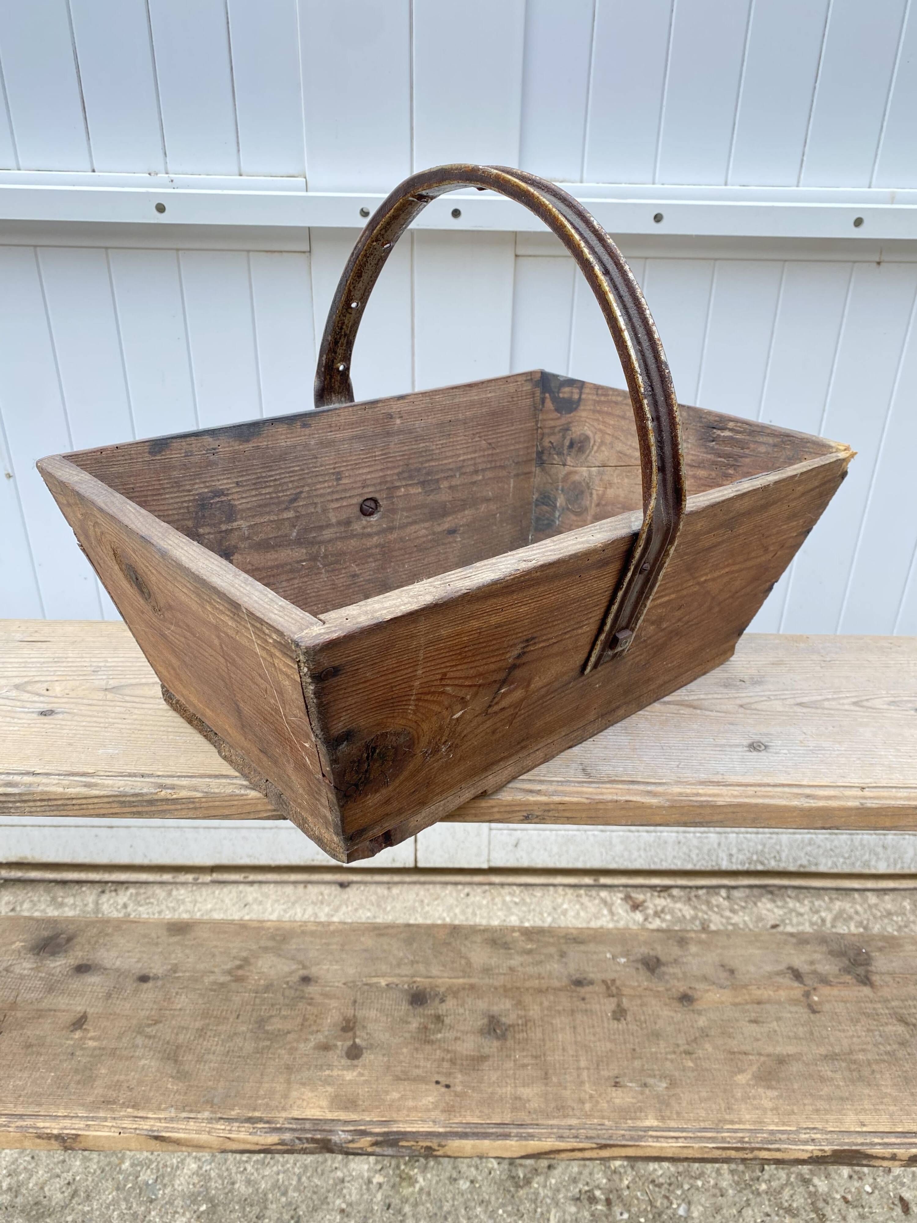 Authentic wooden crate basket with metal handle, old 1950s