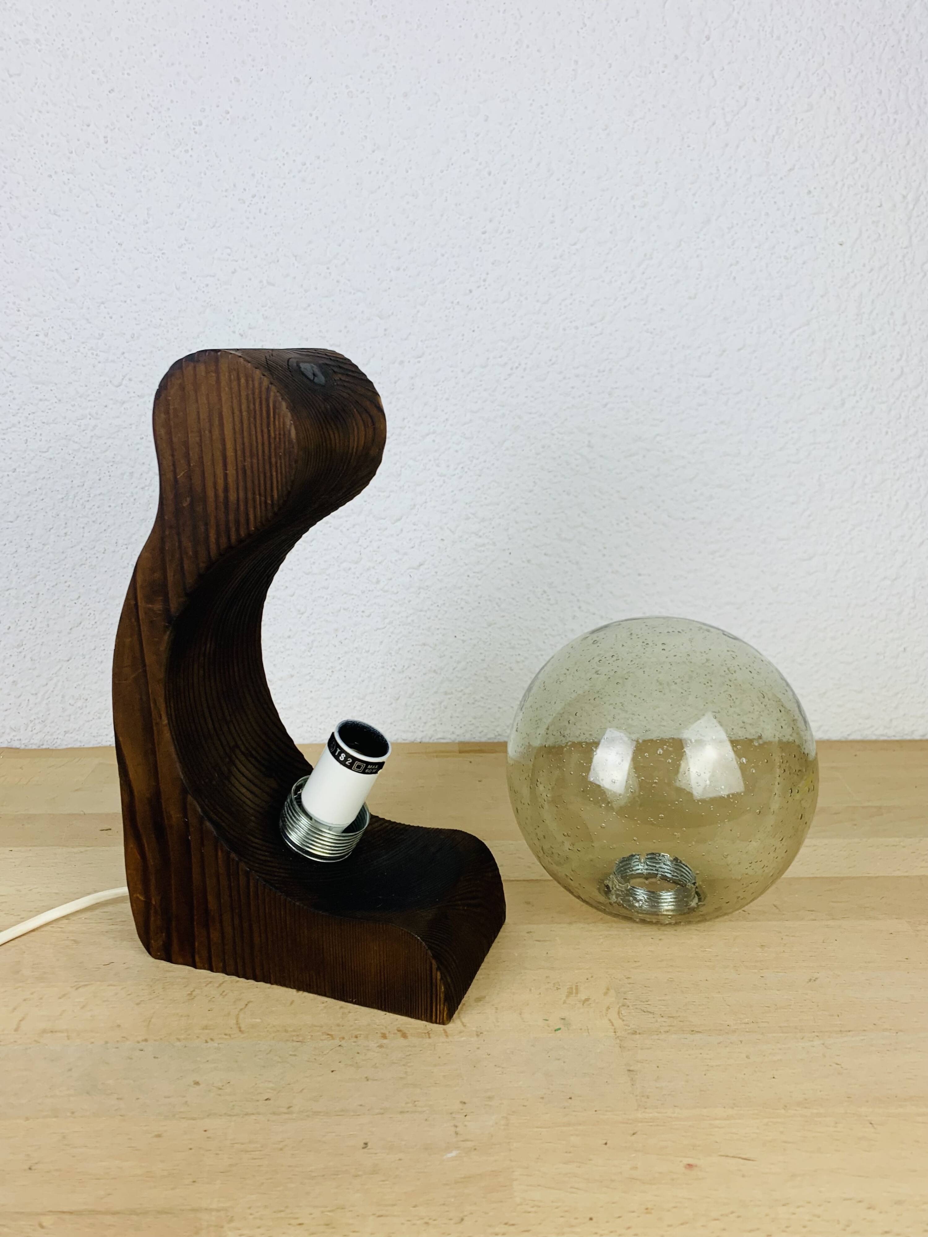 Brutalist lamp Temde Leuchten 1970s pine and glass globe
