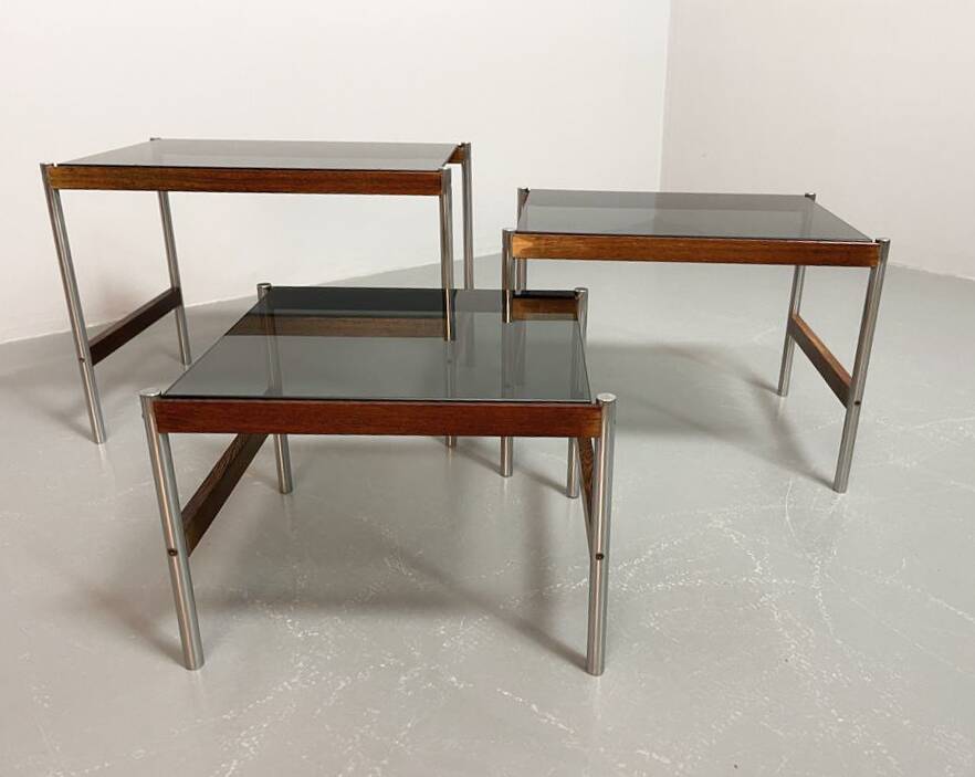 3 Fristho Dutch Design Nesting Tables with Smokey Glass Top Wenge Frame 60s