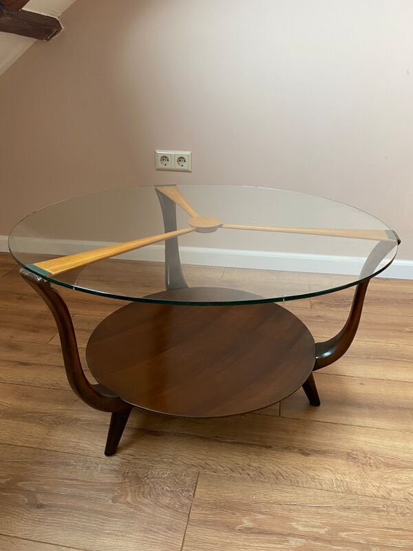 Table basse italienne en bois rond et verre, années 1950