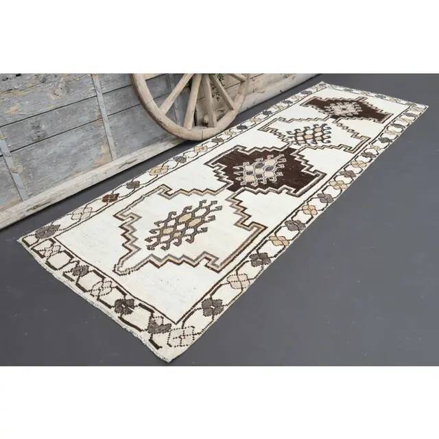1970s Vintage Turkish Hand-Knotted Wool Cotton White Runner Rug  115x342