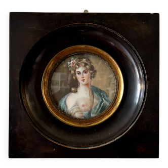 Peinture, miniature femme à l'antique avec cadre Napoléon III