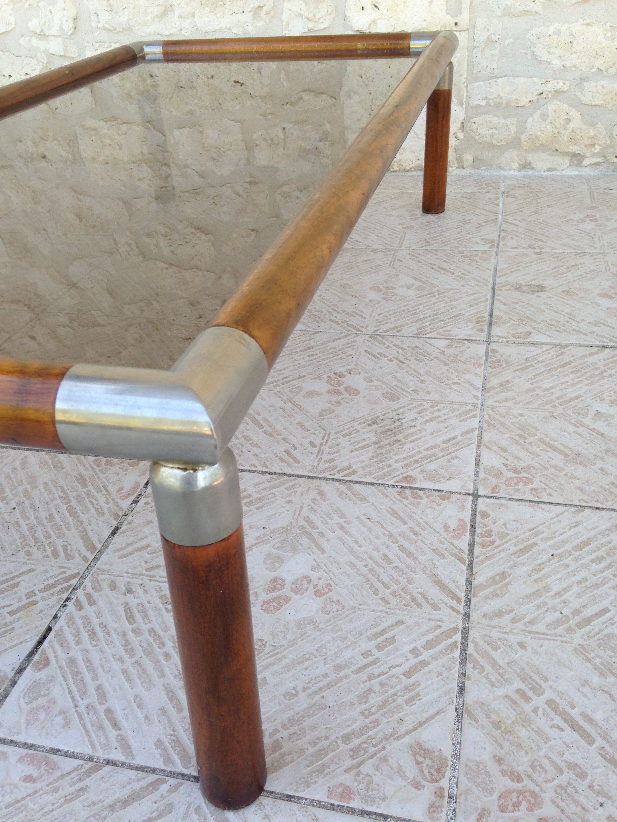 Table design bass, vintage, 70s wood and smoked glass