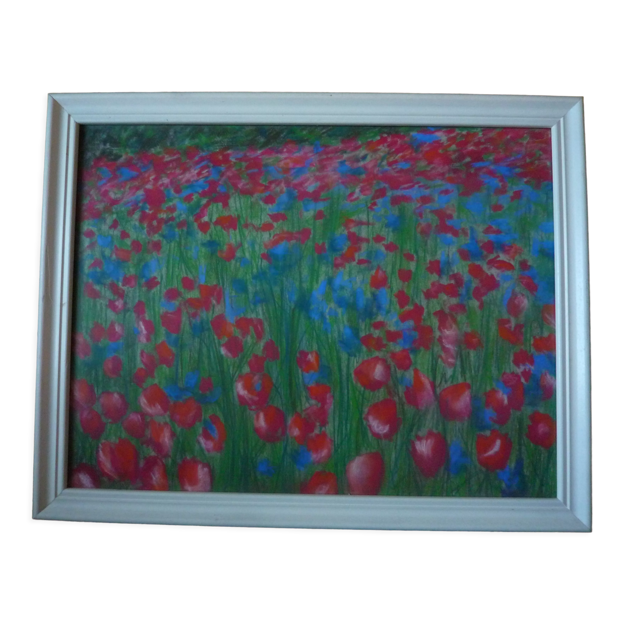 Original pastel field of poppies and blueberries, circa 1970