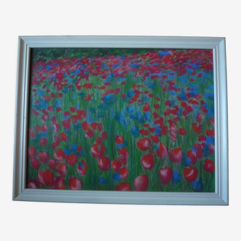 Pastel original champ de coquelicots et bleuets, circa 1970