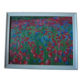 Original pastel field of poppies and blueberries, circa 1970