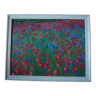 Pastel original champ de coquelicots et bleuets, circa 1970