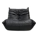 French black leather Togo lounge chair by Michel Ducaroy for Ligne Roset, 1970s