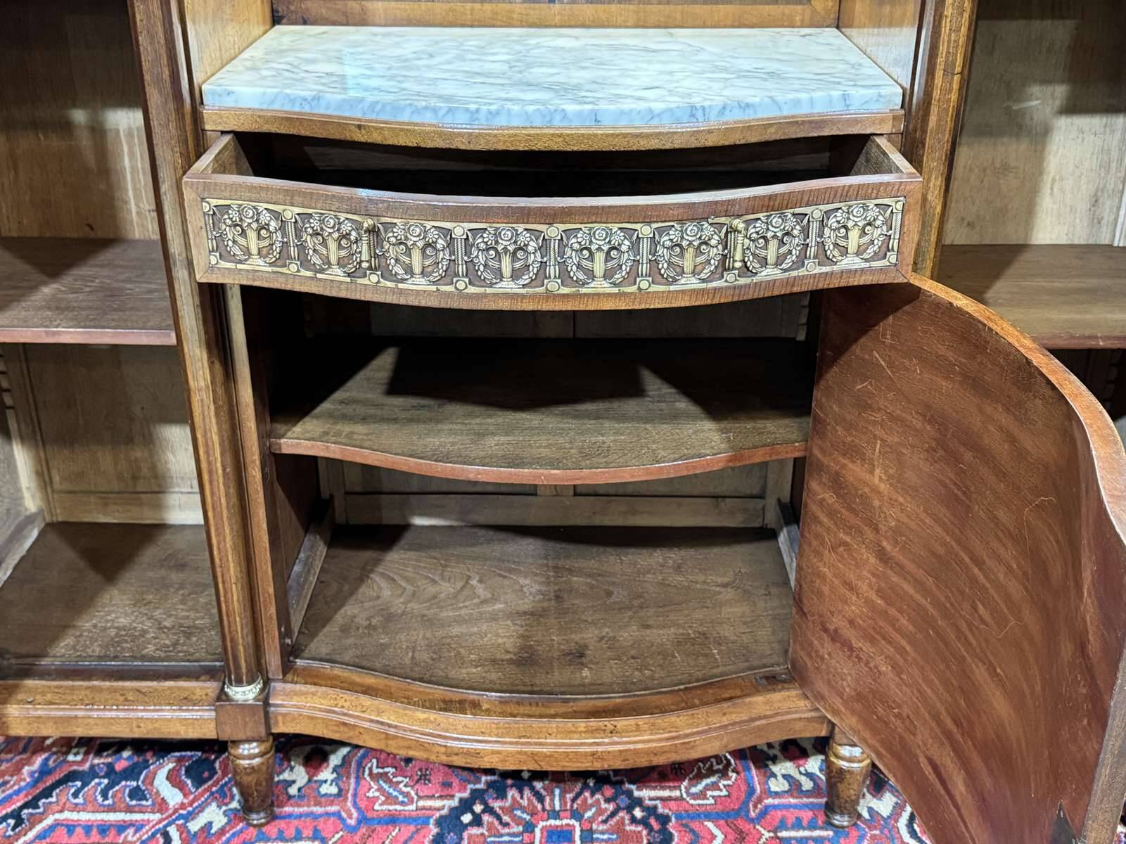 Art Deco buffet in mahogany, oak, and marble top.