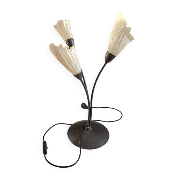 Lampe fleur triple en métal et verre
