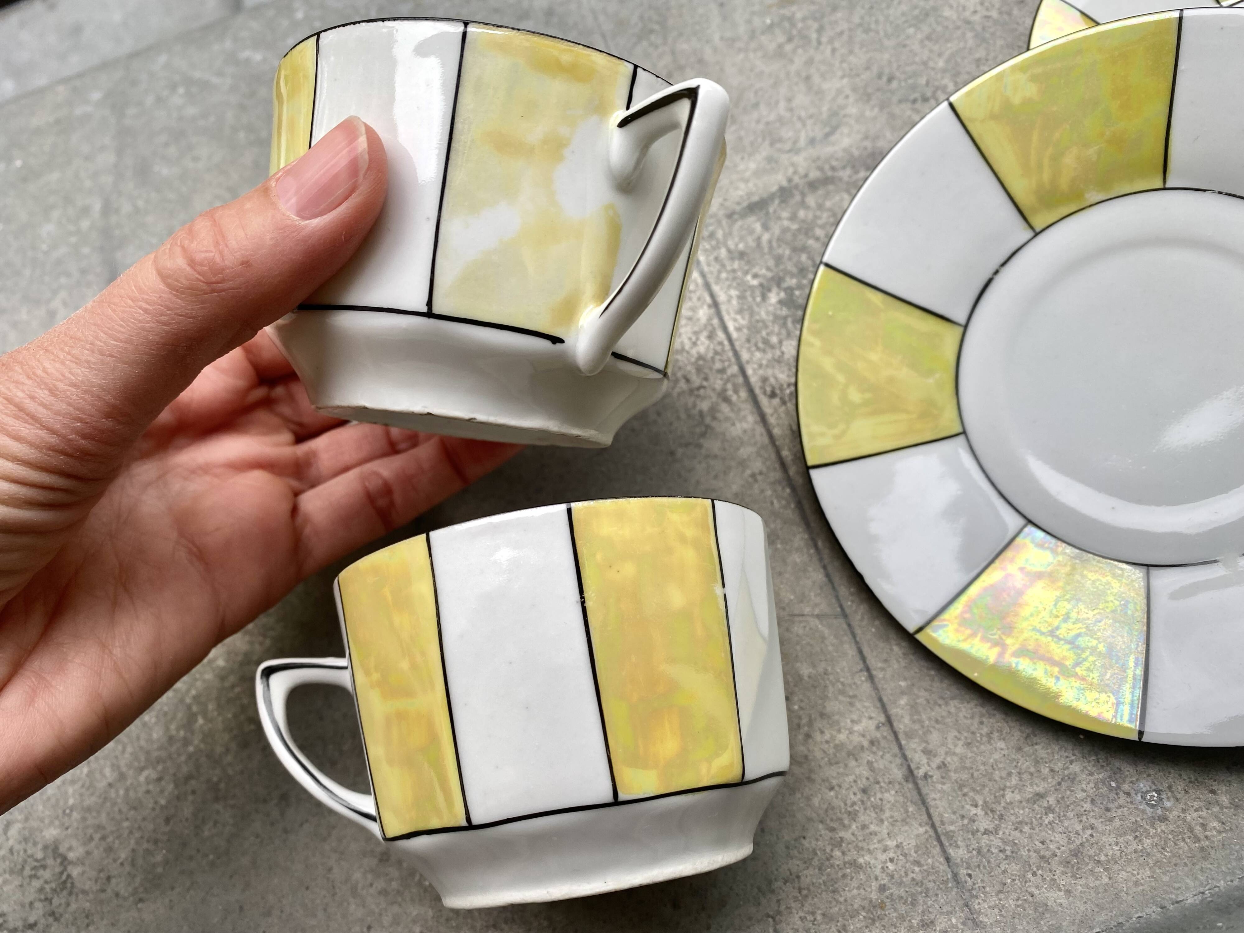 60s striped iridescent porcelain coffee service, 2 cups + 2 vintage saucers