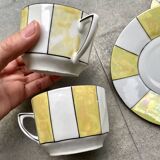 60s striped iridescent porcelain coffee service, 2 cups + 2 vintage saucers