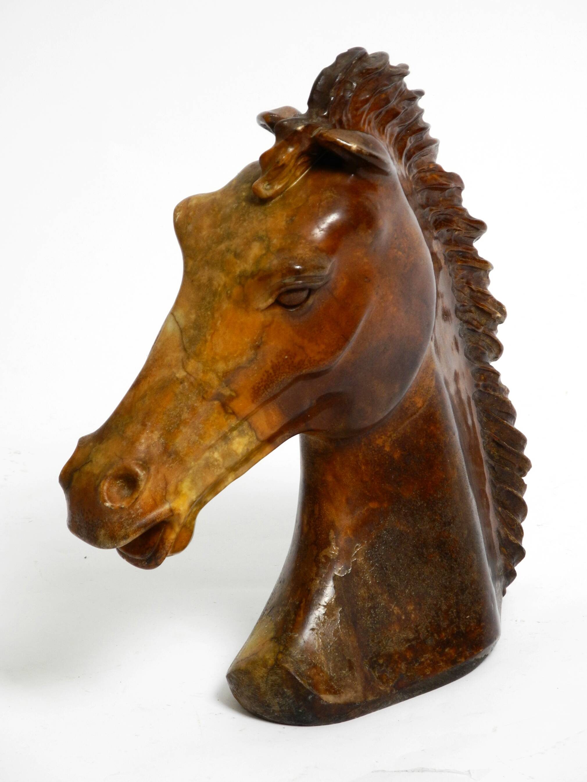 Decorative heavy lifelike 1960's horse head sculpture in brown soapstone