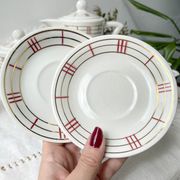 Vintage tea set in white porcelain with stripes, Moulin des Loups orcerame model "Richelieu"