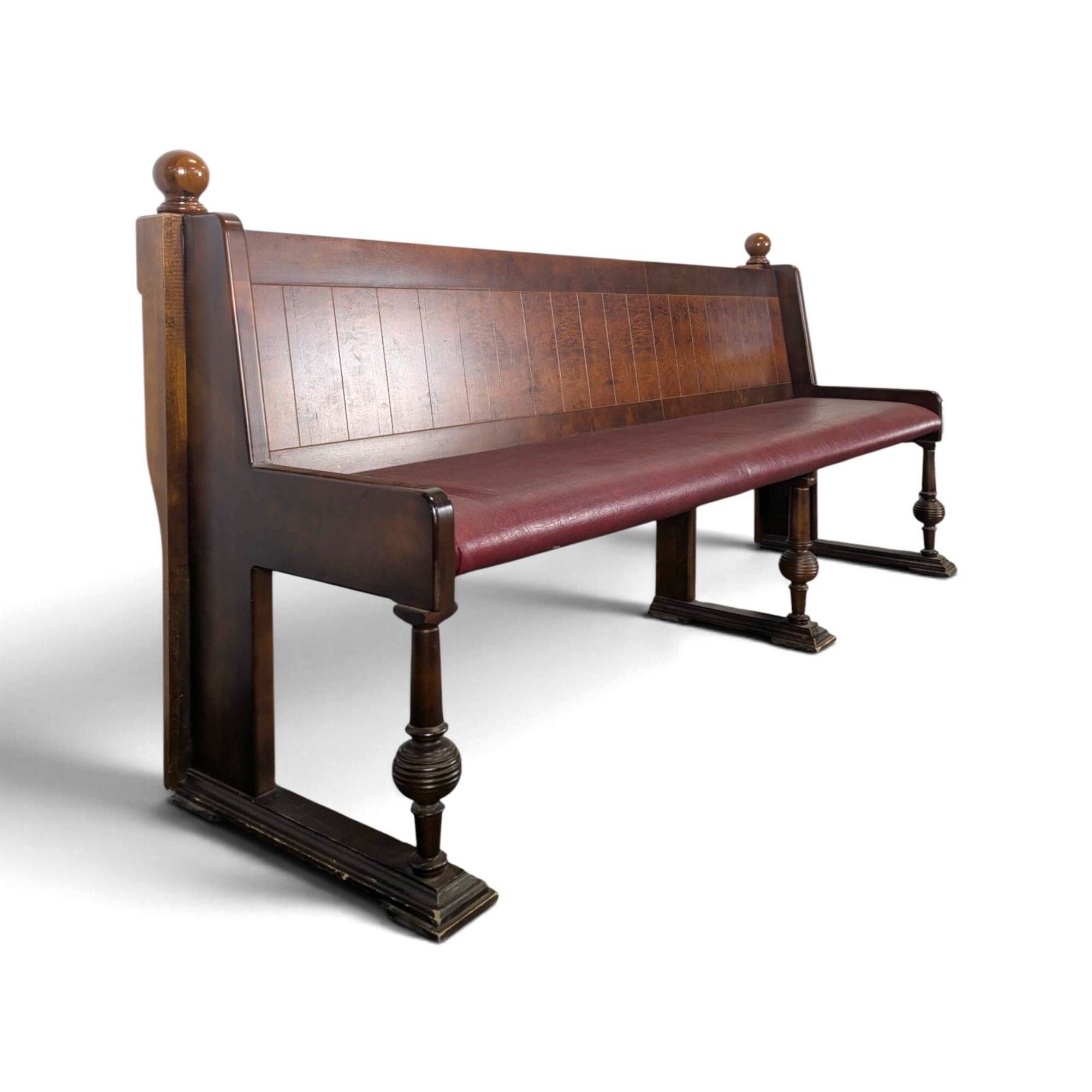 Art Deco brasserie bench in oak and bordeaux leatherette seat 220 cm