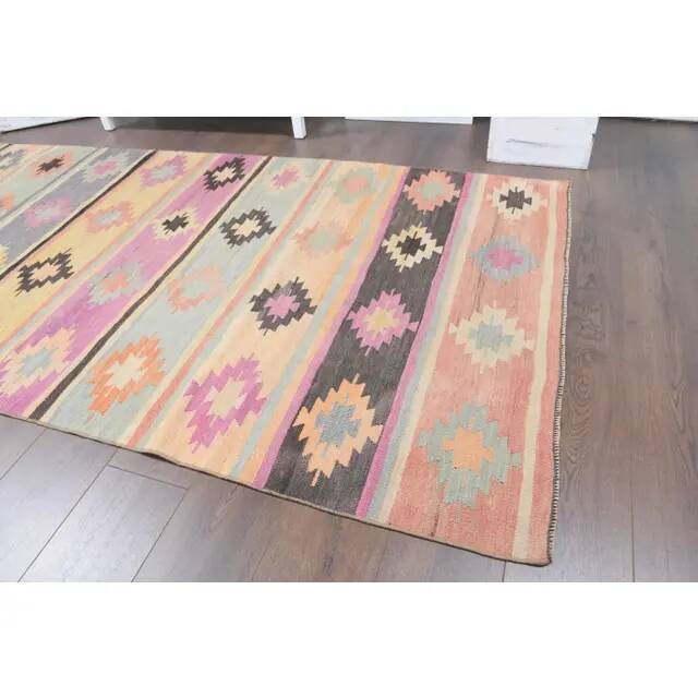 Vintage Turkish Oushak Handmade Wool Cotton Green Kilim Runner Rug 129x297